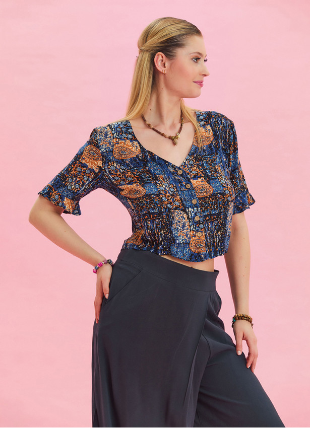 V Neck Lace Back Detail Buttoned Bohemian Blouse 4636